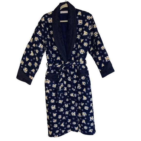 Vintage Womens Robe Size Medium Blue Quilted Matching Belt Embroidered Pockets